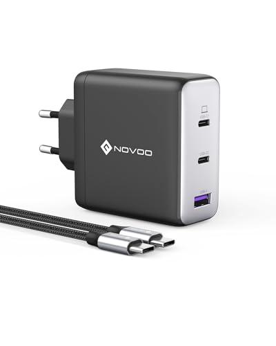NOVOO Caricabatterie USB C da 120W con 1M cavi PD 100W Type-C, Caricatore compatto PPS GaN III a 3 porte, per MacBook Pro 14'', Dell XPS 13, iPad Pro, iPhone 16, Galaxy S23, Note 20, Apple Watch