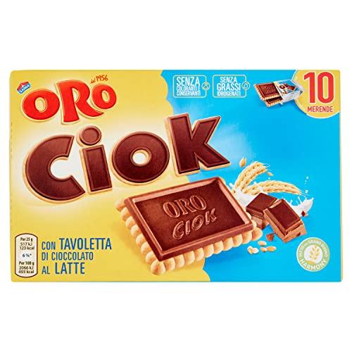 Oro Ciok, Biscotto con Tavoletta di Cioccolato al Latte, Merenda Semplice e Golosa, Fonte Naturale di Fibre, Senza Coloranti e Conservanti, 250g (10 monoporzioni da 25g)