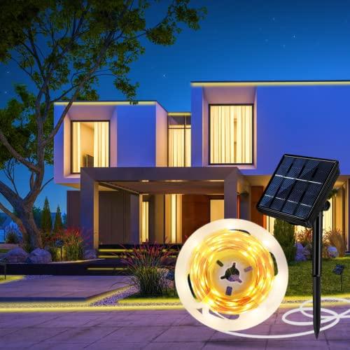 Aitesuo Striscia LED solare da 5 m, luce bianca calda, 2700 K, a energia solare, per esterni, 180 LED, 8 modalità, tagliabile, IP65, impermeabile, per giardino, terrazza, balcone, scale, campeggio