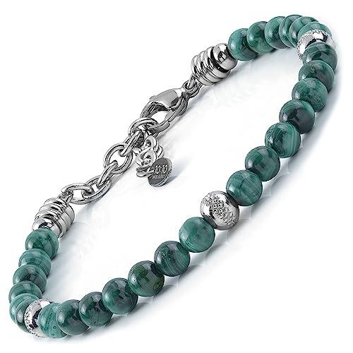 10:10 Bracciale in acciaio inox e pietre naturali di malachite da 6 mm e perle in acciaio inox, bracciale per uomo e donna molto resistente prodotto in Italia.