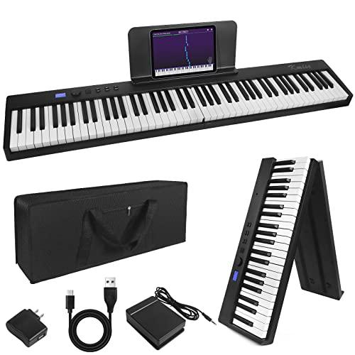 Kmise Tastiera pieghevole per pianoforte, tastiera elettrica, 88 tasti, semi-ponderata, digitale, pieghevole, con pedale Bluetooth MIDI Sustain, porta spartiti, borsa per il trasporto