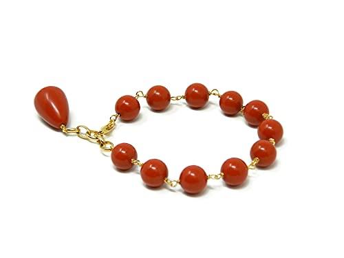 Bracciale con palline e goccia pendente di pasta di corallo rosso Sardegna
