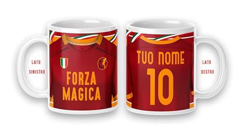 Tazza Mug disegno maglia della tua squadra colazione personalizzabile con nome e numero idea Regalo x tifoso Gadget compatibile (Forza Magica Cuore giallorosso Love Rome)