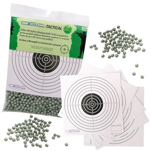 Glac Store® Pallini BB in Busta Biodegradabili Bio 500gr da 6mm per Softair Verdi Bianchi 0,20 0,23 0,25 Grammi con 5 Bersagli in Cartoncino 14x14 (0,23 gr Verdi 2170 Pezzi)