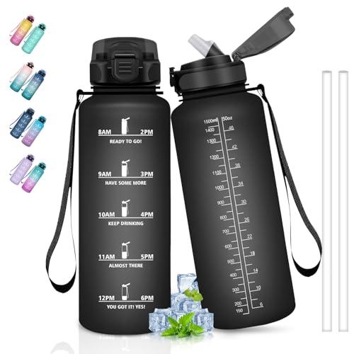 Borraccia, Borraccia 1,5 litri, Borraccia con Cannuccia, Borraccia Palestra, Borraccia Motivazionale con Scala Temporale, Borraccia per Bere di Piu, Facile da Pulire, per Sport, Trekking, Yoga, Nero