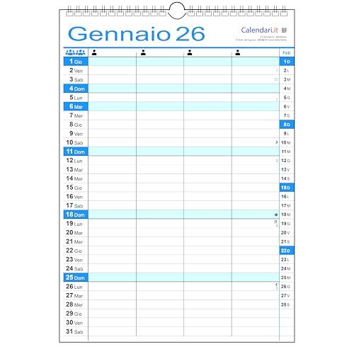 Calendario 2026 famiglia da muro con colonne family lavoro per 1 2 3 4 5 6 7 8 persone (4 COLONNE)