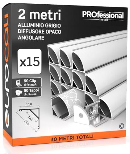 Eurocali 15x Profili Angolari da 2 metri (30mt) in Alluminio per Strisce LED Schermatura Opaca Angolo 45° ingombro max striscia led 10.5mm - 15.8 x 15.8