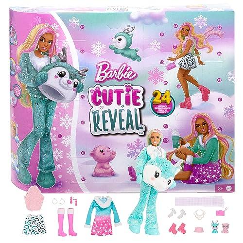 Barbie Cutie Reveal - Calendario dell'Avvento, 24 sorprese con caratteristica cambia colore tra cui una bambola, un costume e tanti abiti e accessori, giocattolo per bambini, 3+ anni, HJX76