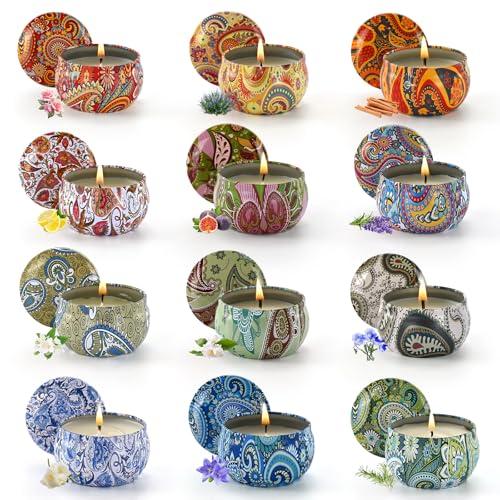 Obisesio Set Candele Profumate in Latta Decorativa - 12 Candele in Cera Naturale, Aromaterapia Relax, Scatole Colorate Riutilizzabili, Regalo Donna, Bomboniere Compleanno, Oggetti Decorativi Casa