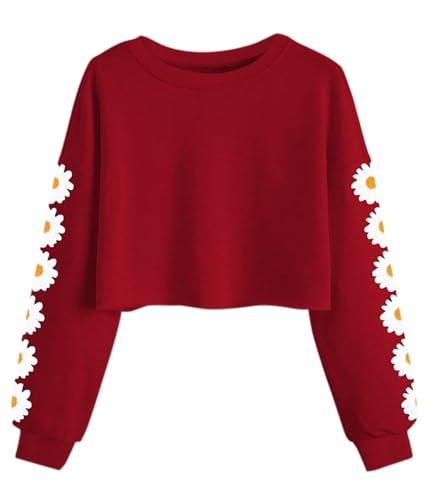 Imily Bela, felpa per ragazze con stampa di margherite, top corto, adorabile maglione per bambini a maniche lunghe, t-shirt pullover, Rosso, 140-150