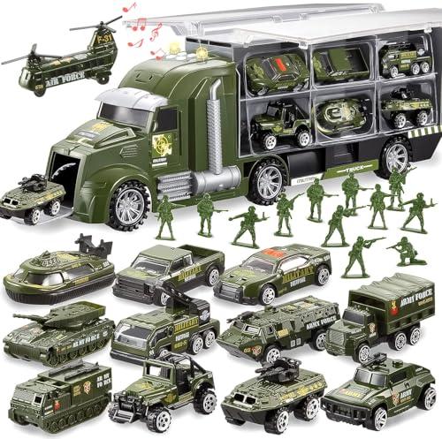 JOYIN 14in1 die-cast camion militare veicolo dell'esercito set di giocattoli con uomini soldato, mini auto da battaglia giocattolo in camion portante con luci e suoni, regali di compleanno per bambini