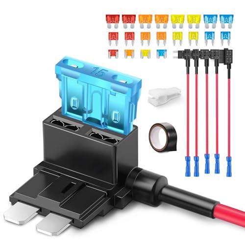 JOREST 12 Pezzi Rubacorrente Fuse a Lama Set,3 Types Standard Mini Micro Fusibili Tap Fuse Adapter，12V Portafusibili Adattatore Piggyback con 20Pcs Fusibili Lama (5A 10A 15A 20A)+Nastro elettrico+Tas