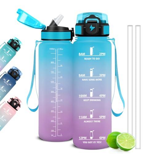 Mujigaga Borraccia 1 Litro, Borraccia Palestra con Cannuccia e Orari per Bere, Bottiglia Sportiva Motivazionale, Borracce a Prova Di Perdite per Gym, Scuola, Yoga