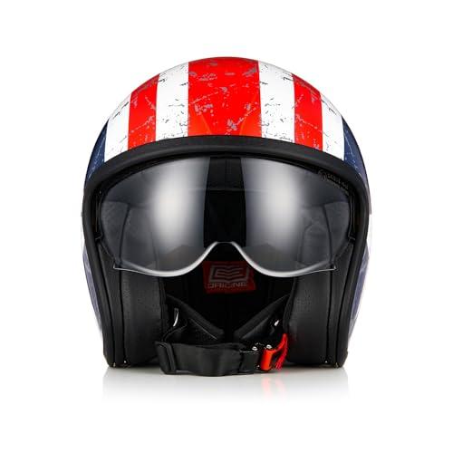 ORIGINE Casco moto Jet Casco da scooter con visiera omologata ECE 22-06(Rebel Star Matt Blue Red,L)