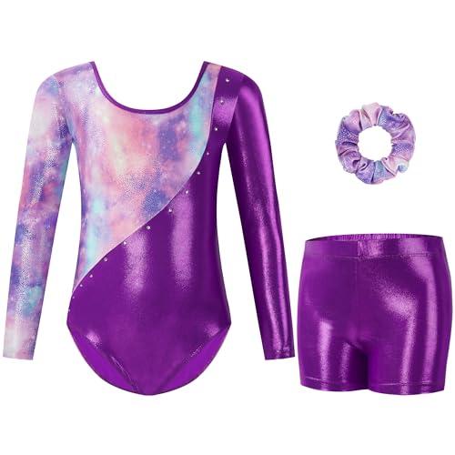 Gogokids Tuta da ginnastica a tre pezzi, a maniche lunghe, set da ginnastica con pantaloncini e fascia per capelli, maglia glitterata per danza classica, con design sfumato per 3-12 anni, Stella