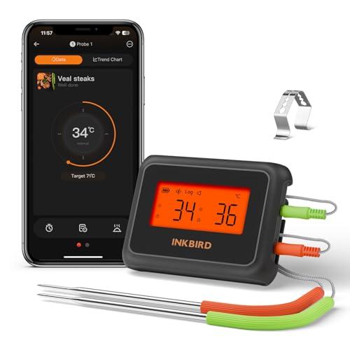 Bluetooth Termometro Cucina Digitale a Doppia Sonda,INKBIRD Termometro Carne Barbecue con App,Allarmi di Temperatura e Timer per Forno Griglia BBQ Alimenti Olio Frittura
