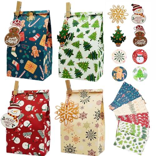 Yucch 24 Pezzi Sacchetti Regalo Natale, 4 Sacchetti di Carta con Motivo Natalizio per Regali, Dolcetti, Biscotti, Natale Bustine Regalo