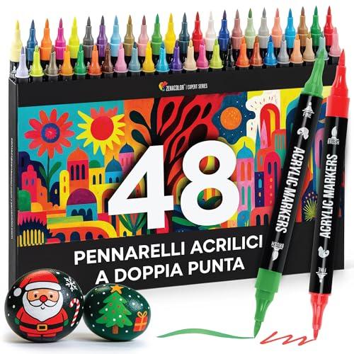 Zenacolor Pennarelli Acrilici a Doppia Punta (Fine e a Pennello) - 48 Colori Pennarelli Indelebili Acrilici per Diverse Superfici e Opere d'Arte - Pennarelli per Dipingere Sassi