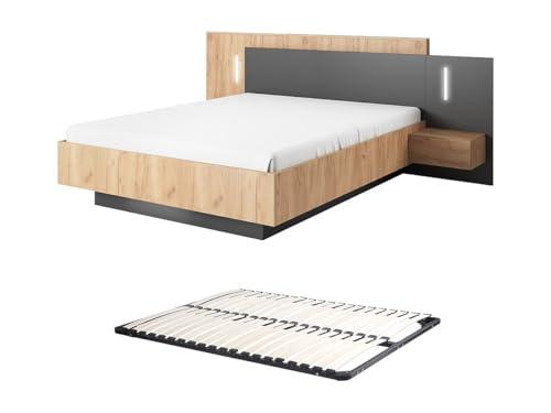 Vente-unique-Letto con comodini 140 x 190 cm 2 cassetti Con LED le e Antracite + Rete - FRANCOLI