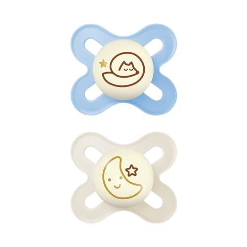 MAM Original Start Night Succhietto 0-2 Mesi (Set da 2), Ciuccio MAM 0-2 mesi che si illumina al buio con tettarella in silicone, Kit da 2 accessori neonato con porta ciuccio sterilizzatore, Azzurro