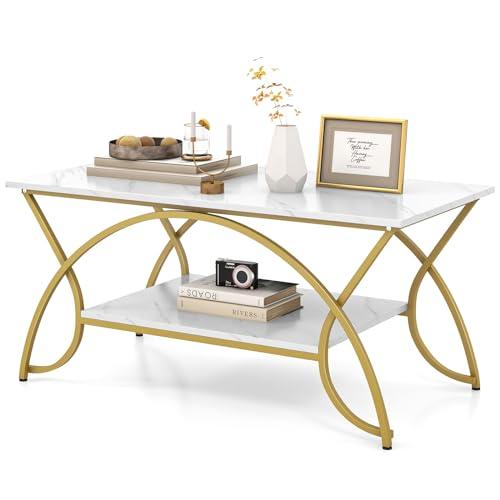 COSTWAY Tavolino da Caffè da Salotto, Tavolino Rettangolare a 2 Livelli con Struttura in Metallo, Tavolino Elegante e Moderno per Studio, Ufficio e Soggiorno, 100 x 50 x 45 cm (bianco e oro)