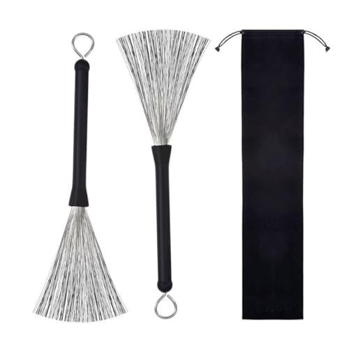 2 Pezzi Spazzole e Bacchette a Spazzola per Batteria Retrattili e Tamburo con Maniglie in Gomma Confortevole Spazzola Metallica