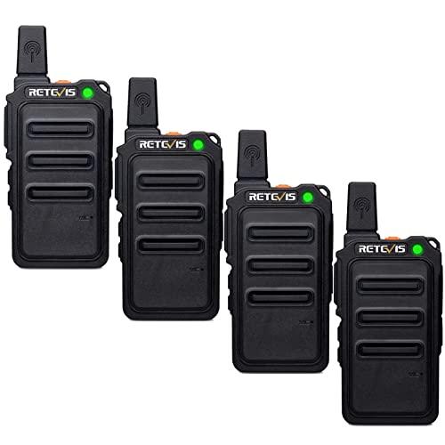 Retevis RT619 Walkie Talkie Mini, PMR446 Ricetrasmittenti Ricaricabile 1300mAh, VOX, Cavo di Ricarica USB 2 in 1, Walkie Talkie Portatile Licenza-Libero Adatto per Ristoranti (4 Pezzi, Nero)