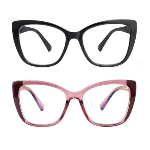 SKYWAY 2 Pack Occhiali da Lettura per Donna, Occhiali da Computer Oversize alla Moda con Blocco Luce Blu, Montatura Quadrata a Occhio di Gatto con Cerniera a Molla,Nero/Rosa 1.5