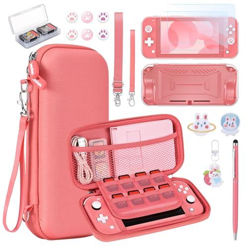 Custodia NS Switch Lite - innoAura Bundle Accessori NS Switch Lite 17 in 1 con Custodia per Switch Lite, Custodia per Giochi Switch, Protezione Dello Schermo Switch Lite, Supporto Switch(Corallo)