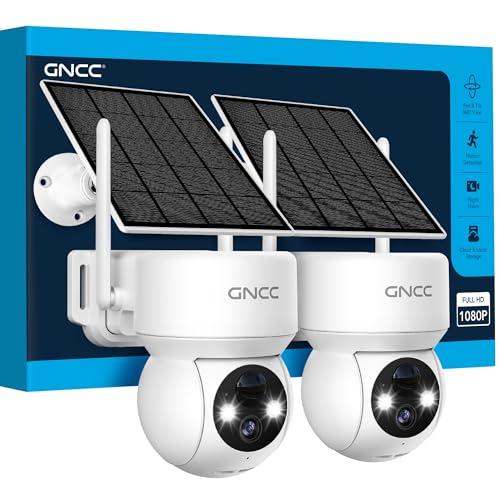 GNCC Telecamera Wi-Fi Esterno Senza Fili con Pannello Solare, 2MP Videocamera Sorveglianza Esterno a Batteria, 360° PTZ, Rilevazione Movimento PIR, Visione Notturna a Colori, Audio Bidirezionale, 2PCS