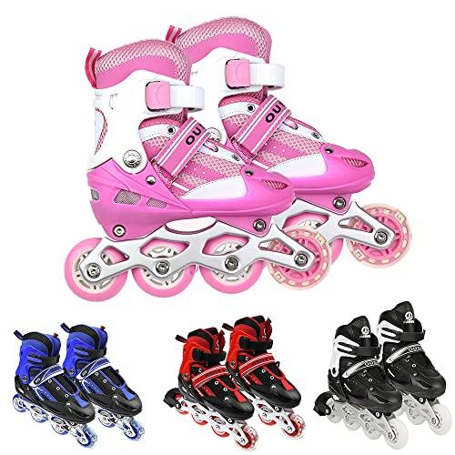 Pattini a ruote allineate regolabili con ruote luminose per bambini e adulti, per ragazze e ragazzi, uomini e donne-41 x 35 x 11,5 cm, taglia 31-34, rosa S