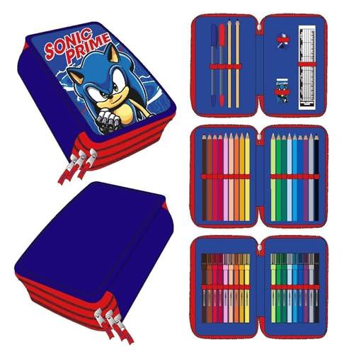 Astuccio a 3 scomparti di Sonic-Colore blu-12,5x6,5x19,5cm-Realizzato in 100% poliestere-Chiusura con cerniera-Include accessori-blu,Astuccio