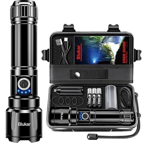 Blukar Torcia LED Potente Professionale, Ricaricabile Super Luminoso Zoomabile Torcia Alta Potenza con 5 Modalità di Illuminazione,IP67 Impermeabile Flashlight per Campeggio/Emergenza/Trekking