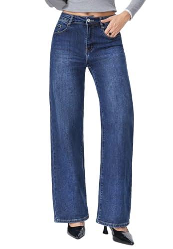 vittorio y Jeans Donna Larghi Vita Alta - Jeans Baggy Donna in Denim Elasticizzato, Modello Comfort con Taglio Alto e Gamba Larga, Tasca Laterale (IT, Testo, XXL, Regular, Regular, Denim)
