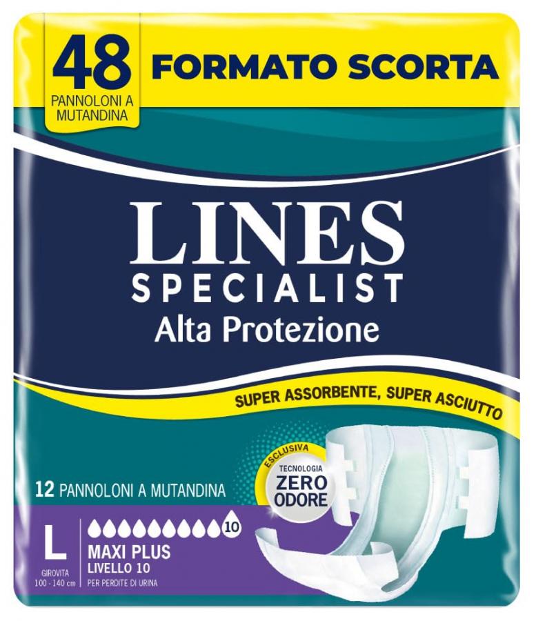 Lines Specialist Pannolone a Mutandina Maxi Plus per Incontinenza Donna e Uomo, Alta Protezione fino a 12 ore, Zero Odore, Taglia L, Scorta Mensile, Confezione da 48 Unità