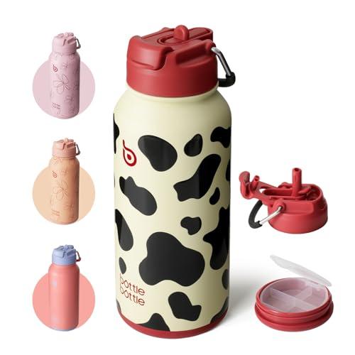 BOTTLE BOTTLE Borraccia termica in acciaio inox, con cannuccia, con coperchio a doppio uso, per palestra, con portapillole (mucca)
