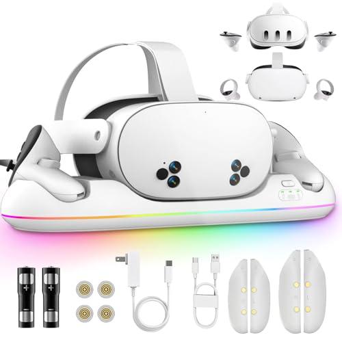 Dock di ricarica per Meta Quest 3/3S/2, Stazione VR magnetica con ricarica rapida, Uscita USB, Illuminazione RGB, 2 batterie ricaricabili da 2100mAh, Accessori per cuffie e controller Oculus Quest