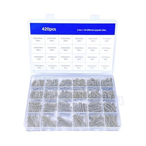 CREEYA 420 pezzi Molla di compressione kit, 24 dimensione, 4 lunghezze 10mm 15mm 20mm 30mm, Diametro 5mm 6mm 7mm, 6 Differente Elasticità Piccolo Molla di compressione Per DIY Artigianato Riparazione