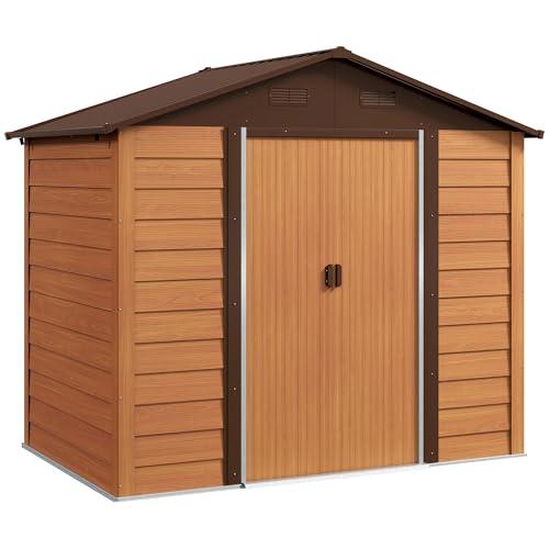 Outsunny Casetta da Giardino 4.07m² in Acciaio Zincato con Fori di Drenaggio Prese d'Aria, Capanno Porta Attrezzi con Tetto Inclinato, Doppie Porte Scorrevoli Bloccabili, Design Effetto Legno, Marrone