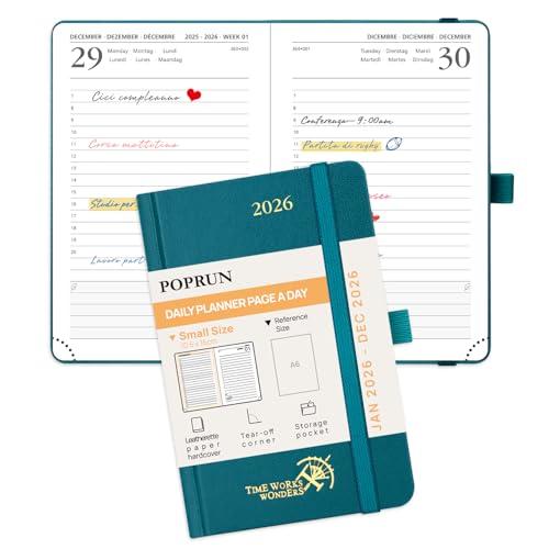 POPRUN Agenda 2026 Giornaliera Piccola, 16 x 10,5 cm, Copertina Rigida, Daily Planner 2026 con Angoli a Strappo e Nastro Segnalibro, Carta Spessa da 70 GSM, Verde Pacifico