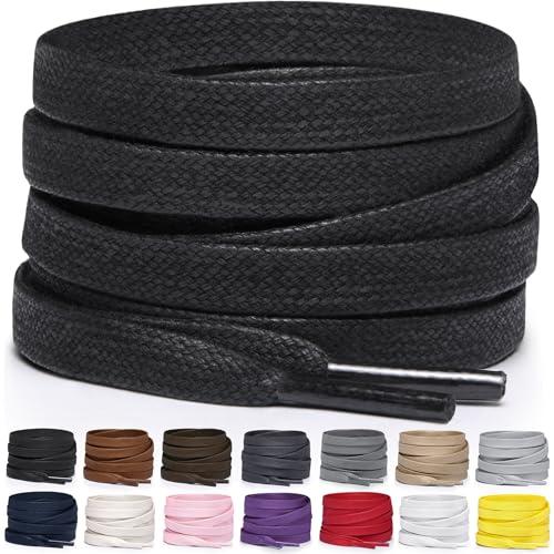Miscly Lacci Piatti in Cotone Cerato per Stivali, Sneaker e Scarpe - Disponibili in Diverse Lunghezze e Colori (Nero, 114 cm)