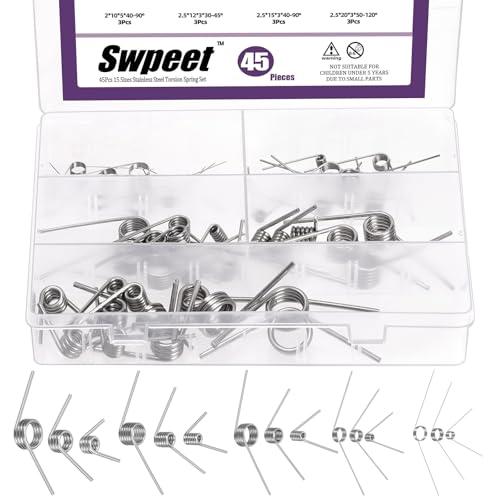Swpeet Kit assortito di molle torsionali in acciaio inox da 45/90/120 gradi, 45 pezzi, 15 misure, piccole molle di torsione meccaniche per riparazioni domestiche, lavorazione del legno, progetti fai