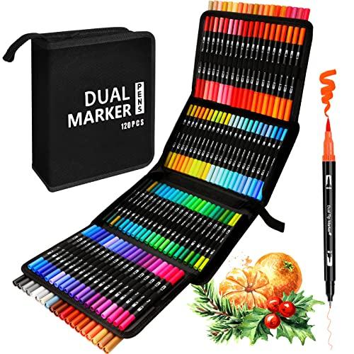 AFXXE Pennarelli lettering 120 colori, punte pennello e doppia sottile, kit per ragazze, bambini e adulti, pennarelli acquerellabili professionali inclusi 3 modelli