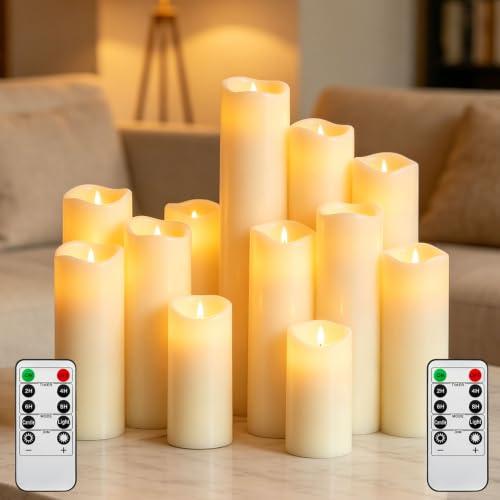Da by 12 Candele LED Avorio in Cera Naturale, Fiamma Tremolante Interna Realistica, 2 Telecomandi, 6 Misure Assortite, Riutilizzabili, Ecologiche per Decorazioni Interno ed Esterno