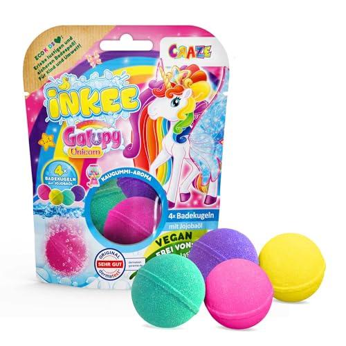 INKEE Galupy Unicorno – 4 Bombe da Bagno da 50 g all'Aroma Bubble Gum con Olio di Jojoba, 4 Colori, Bombe da Bagno Bambine Unicorno, Idea Regalo Bambini 3+ Anni