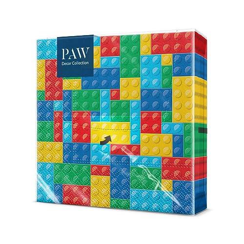 PAW - Tovaglioli di Carta Colorati (33 x 33 cm) I 20 Pezzi I Tovaglioli Compleanno per Bambini I Tovaglioli Carta - Blocchi I 3 Veli I Decorati per Compleanni e Feste - Colorful Bricks