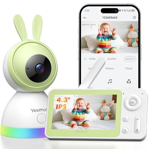 YESIMOM Baby Monitor Video e Audio, 360°PTZ Telecamera Bambini con Monitor Videocamera Neonato con IPS Schermo e Luce Notturna, Controllo Tramite APP Mobile & Monitor, Visione Notturna, Ninne Nanne