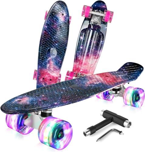 BELEEV Skateboard 22 inch Completo Mini Cruiser LED Skateboard per Bambini, Giovani e Adulti, Ruote con all-in-One Skate T-Tool per Principiante Skateboard 56cm