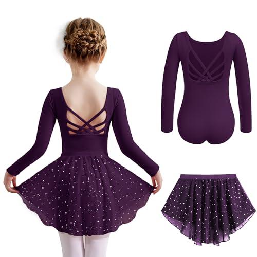 Arshiner Abbigliamento da Balletto per Bambini Vestito da Balletto Ragazze Manica Lunga in Cotone Body da Balletto Abiti da Ballo Corpo da Ballo con Gonna Tutu Viola Scuro 5-6 Anni
