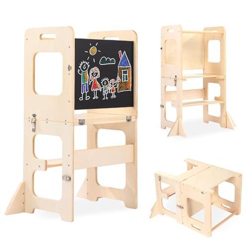labebe Torre montessoriana bambini, 3-in-1 Pieghevole Torre di Apprendimento, Montessoriana Learning Tower Con tavolo da disegno, Legno Torre di Apprendimento età superiore 1 Anno bambini